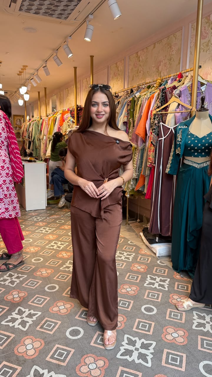 One-Shoulder Cowl Drape Top with Flared Pants