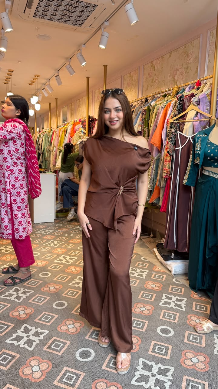 One-Shoulder Cowl Drape Top with Flared Pants