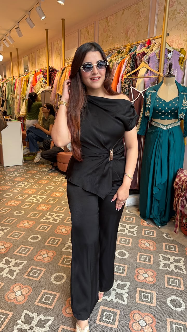 One-Shoulder Cowl Drape Top with Flared Pants