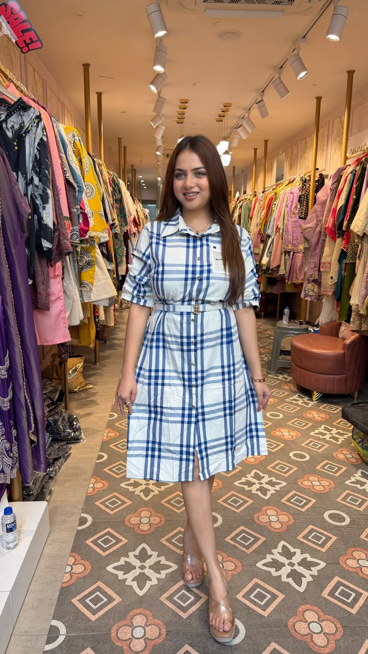 Blue Checkered Belted midi Dress