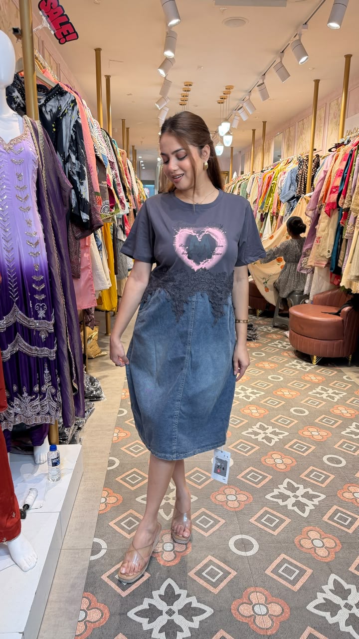 Denim Lace Detail T-Shirt Dress