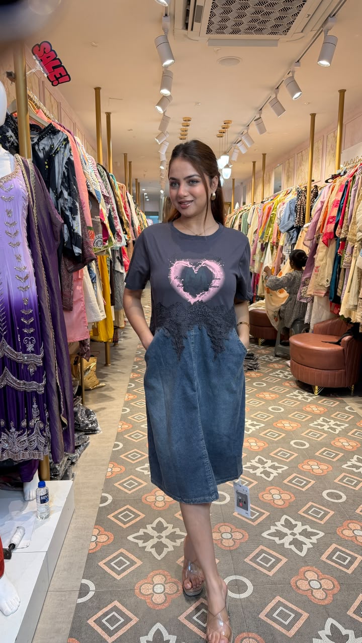 Denim Lace Detail T-Shirt Dress