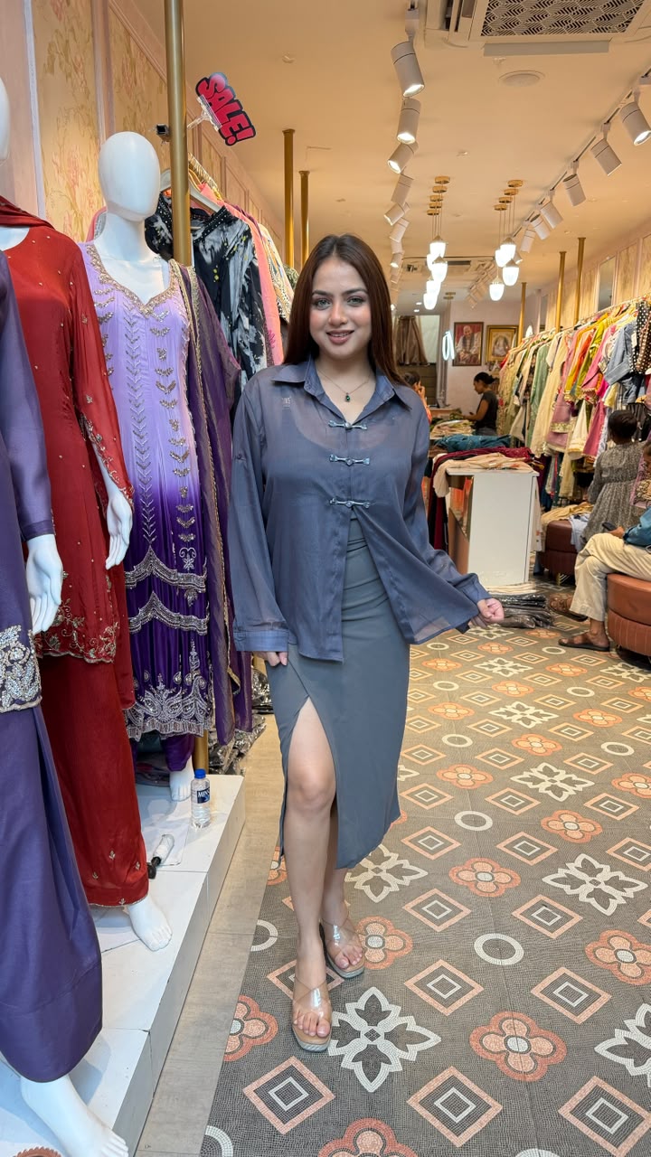 Sheer Organza Shirt with Satin Slit Skirt Co-ord Set