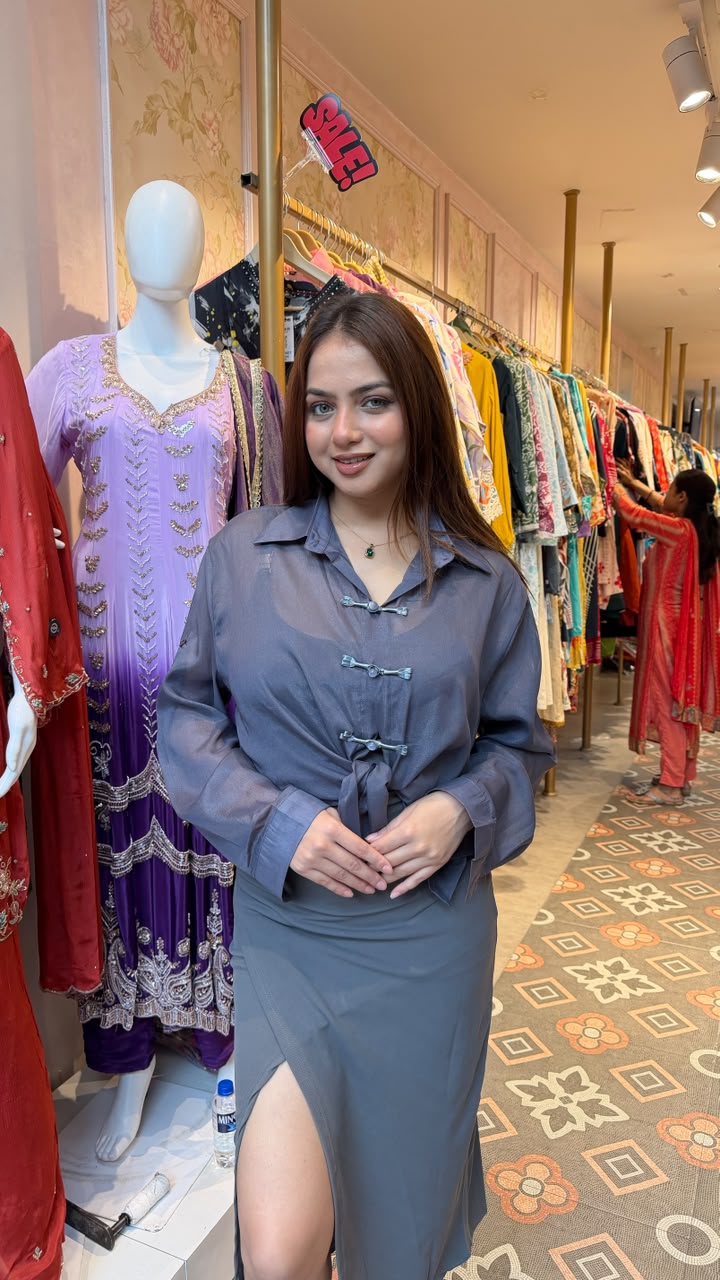 Sheer Organza Shirt with Satin Slit Skirt Co-ord Set