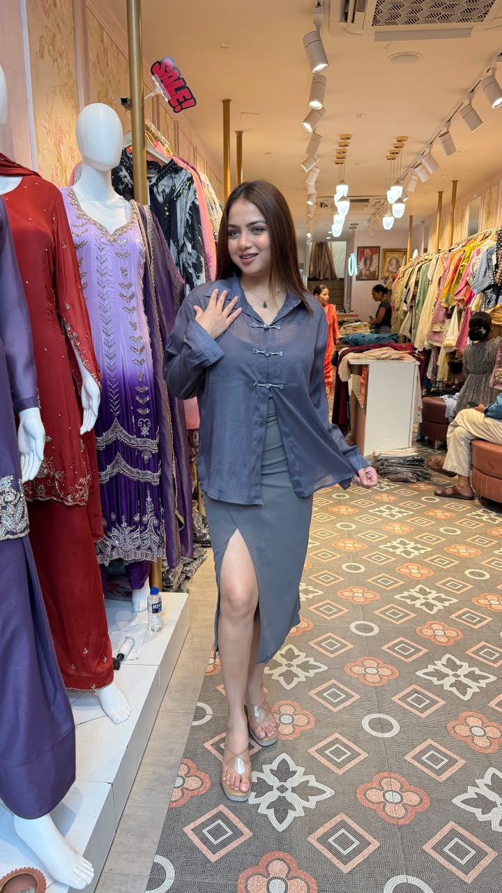 Sheer Organza Shirt with Satin Slit Skirt Co-ord Set