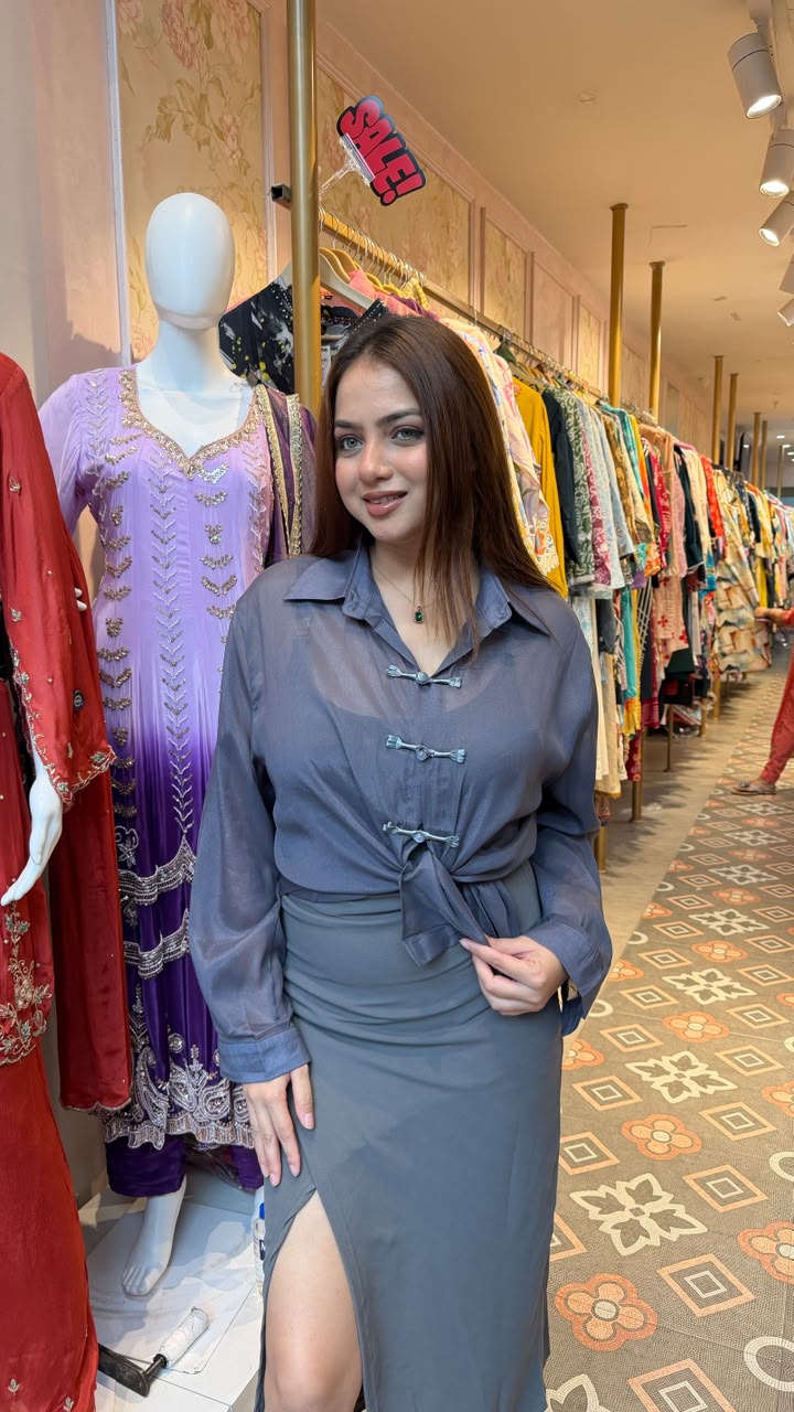 Sheer Organza Shirt with Satin Slit Skirt Co-ord Set