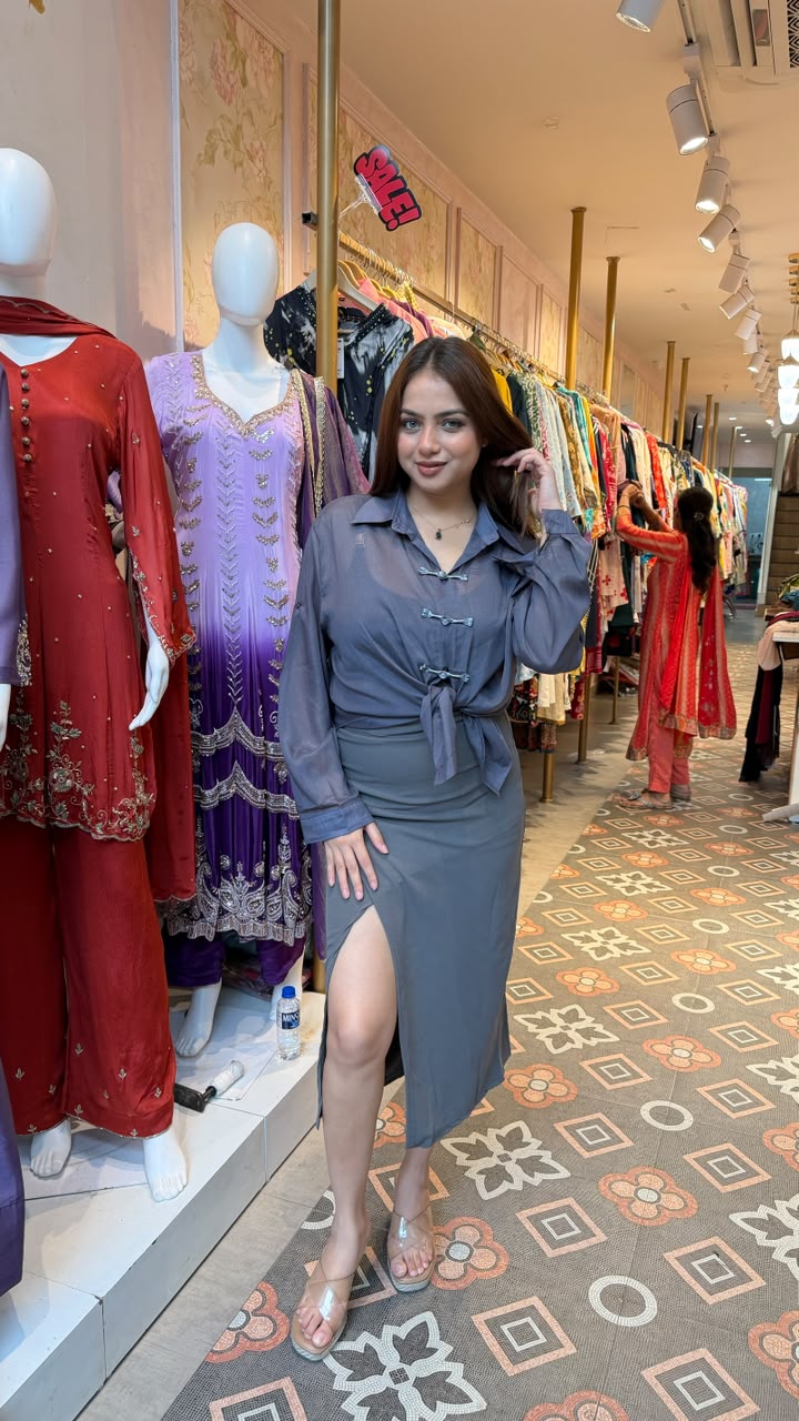 Sheer Organza Shirt with Satin Slit Skirt Co-ord Set