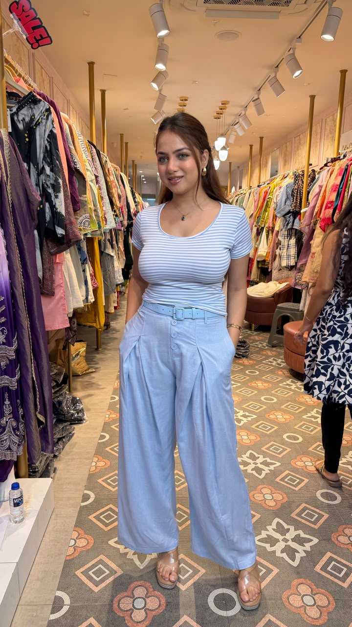 Powder Blue Striped Tee with Pleated Wide Leg Trouser Set