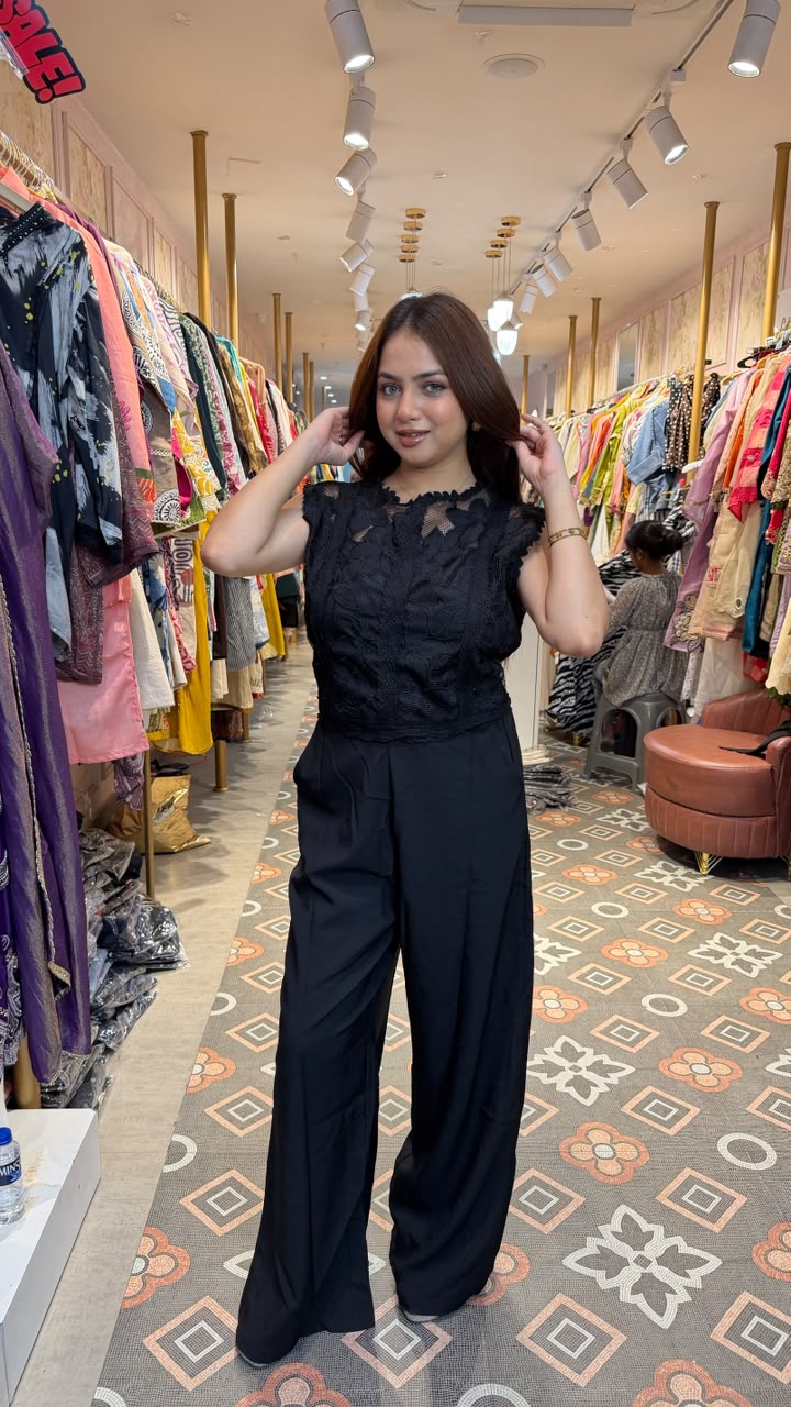 Black Floral Lace Top with Wide Leg Trouser Set