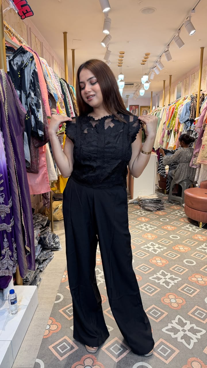Black Floral Lace Top with Wide Leg Trouser Set