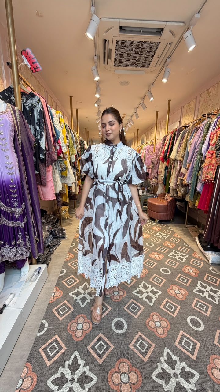 Abstract Print Lace Detail Shirt Dress