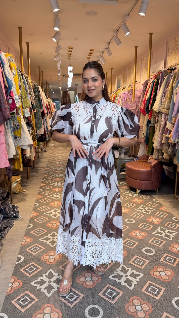 Abstract Print Lace Detail Shirt Dress