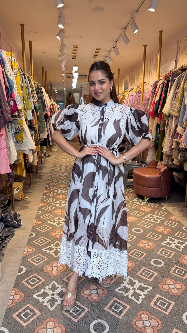 Abstract Print Lace Detail Shirt Dress