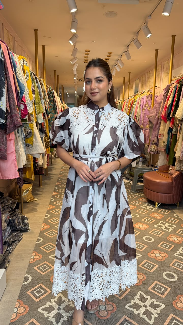 Abstract Print Lace Detail Shirt Dress