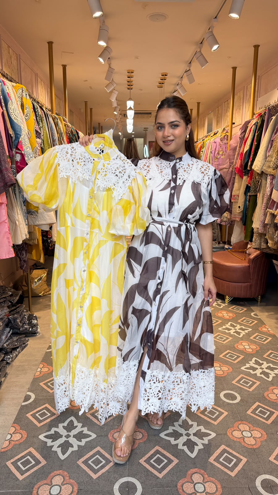 Abstract Print Lace Detail Shirt Dress