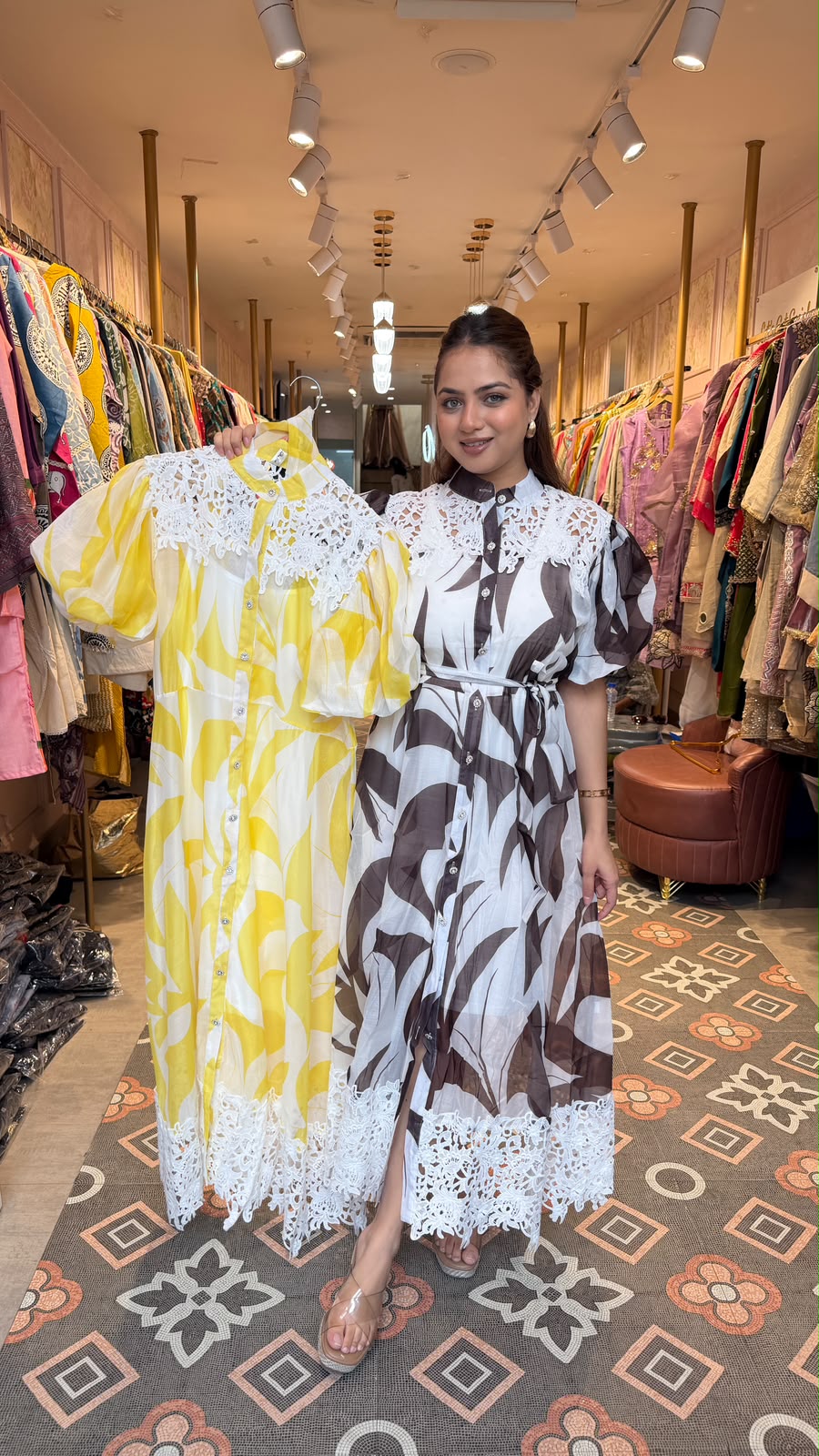 Abstract Print Lace Detail Shirt Dress