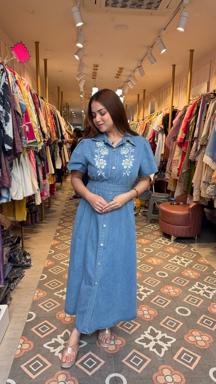 Washed Denim Floral Embroidered Shirt Dress