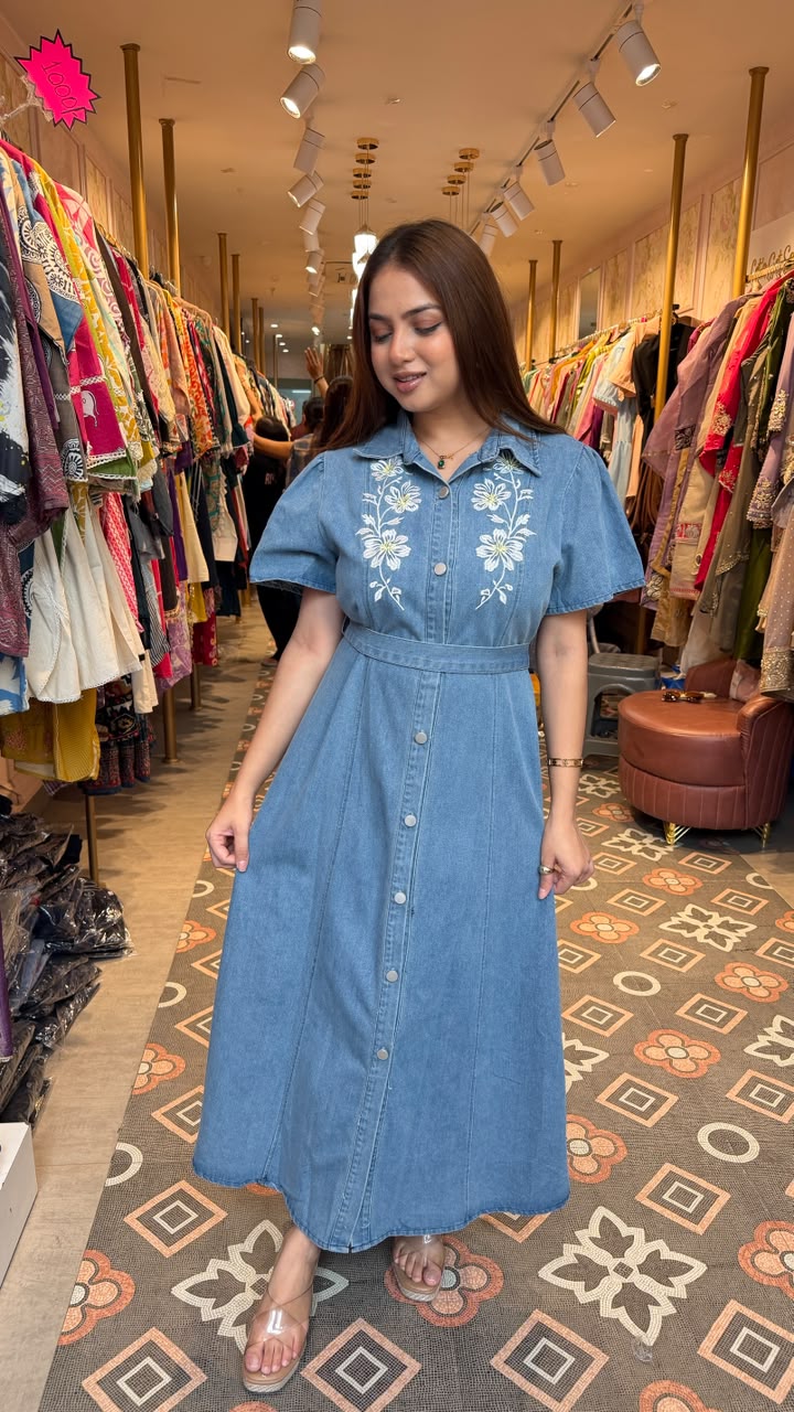 Washed Denim Floral Embroidered Shirt Dress