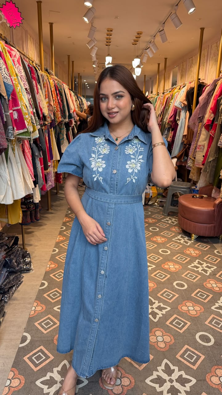 Washed Denim Floral Embroidered Shirt Dress