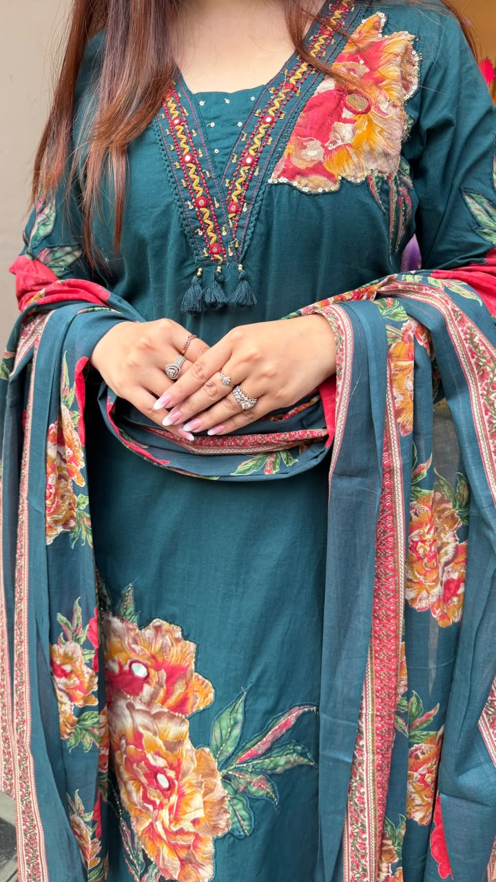 Crimson Blossom Mirror Pearl Embroidered Suit Set
