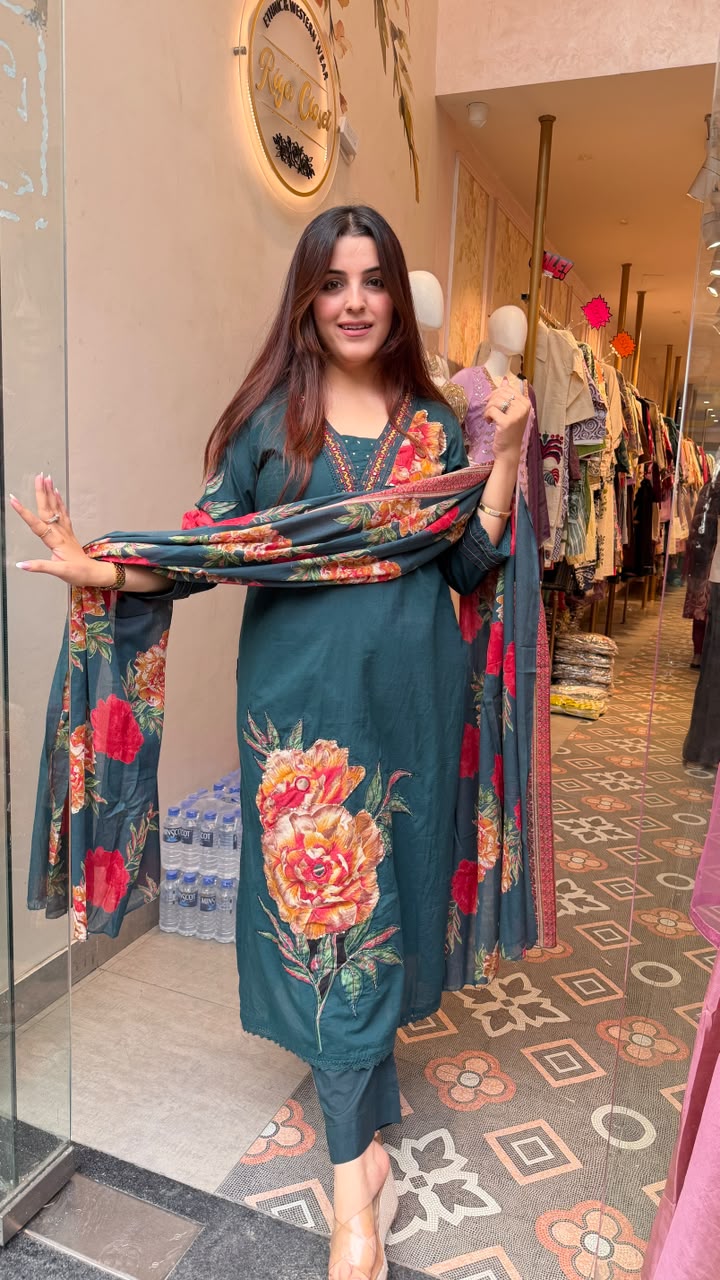 Crimson Blossom Mirror Pearl Embroidered Suit Set