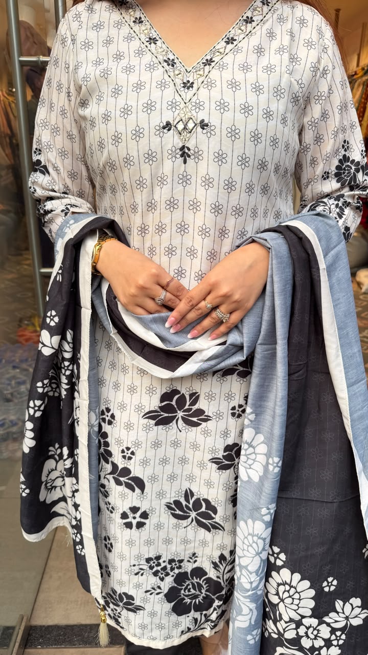 Black & White Floral Printed Three-Piece Suit Set