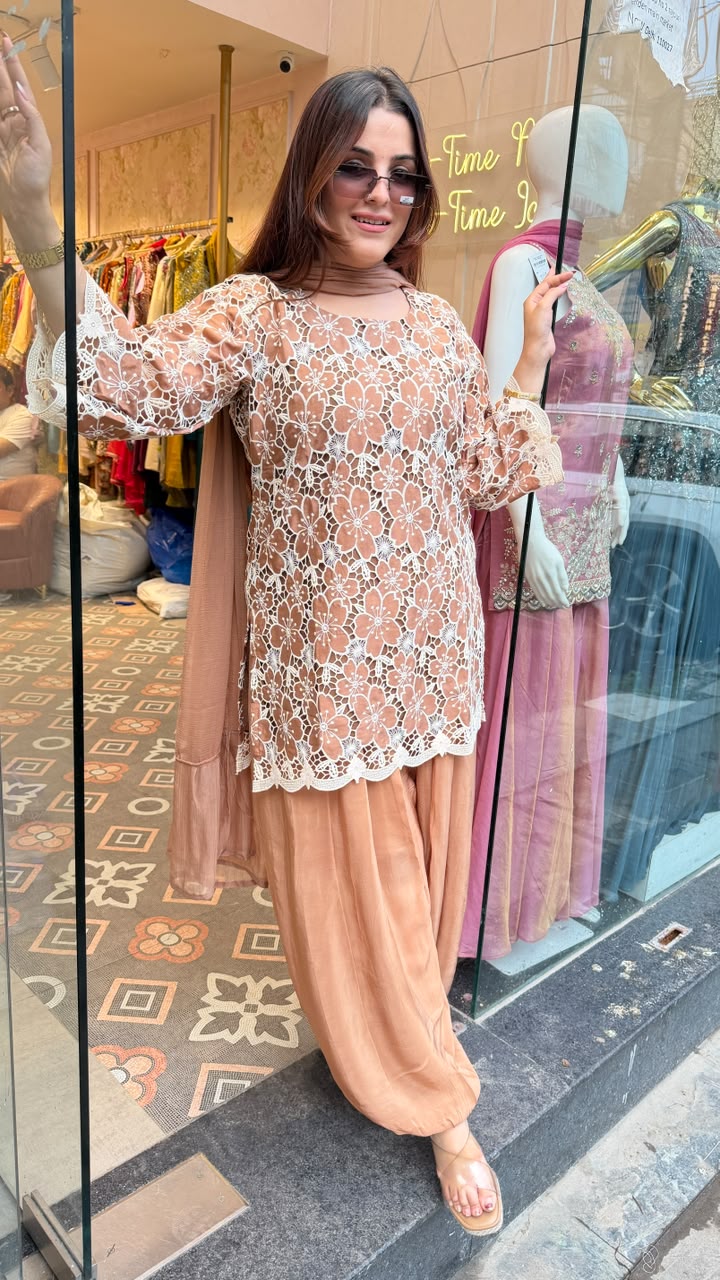 Embroidered net Short Kurti with Patiala Salwar Set