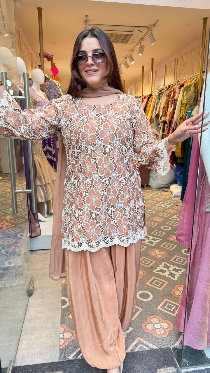 Embroidered net Short Kurti with Patiala Salwar Set