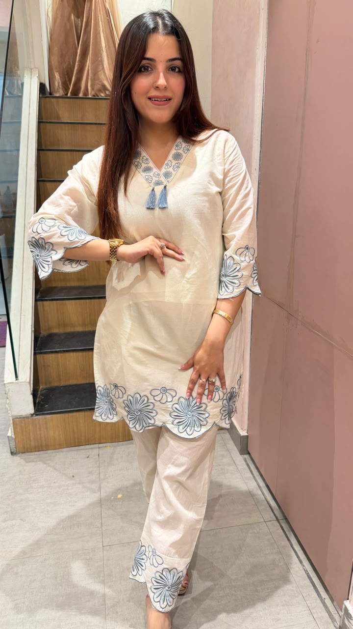 Straight embroidered kurta set with embroidered pants