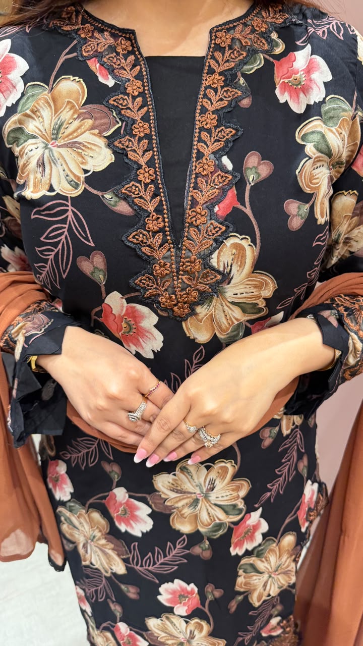 Printed kurta suit with thread lace border and matching plain dupatta