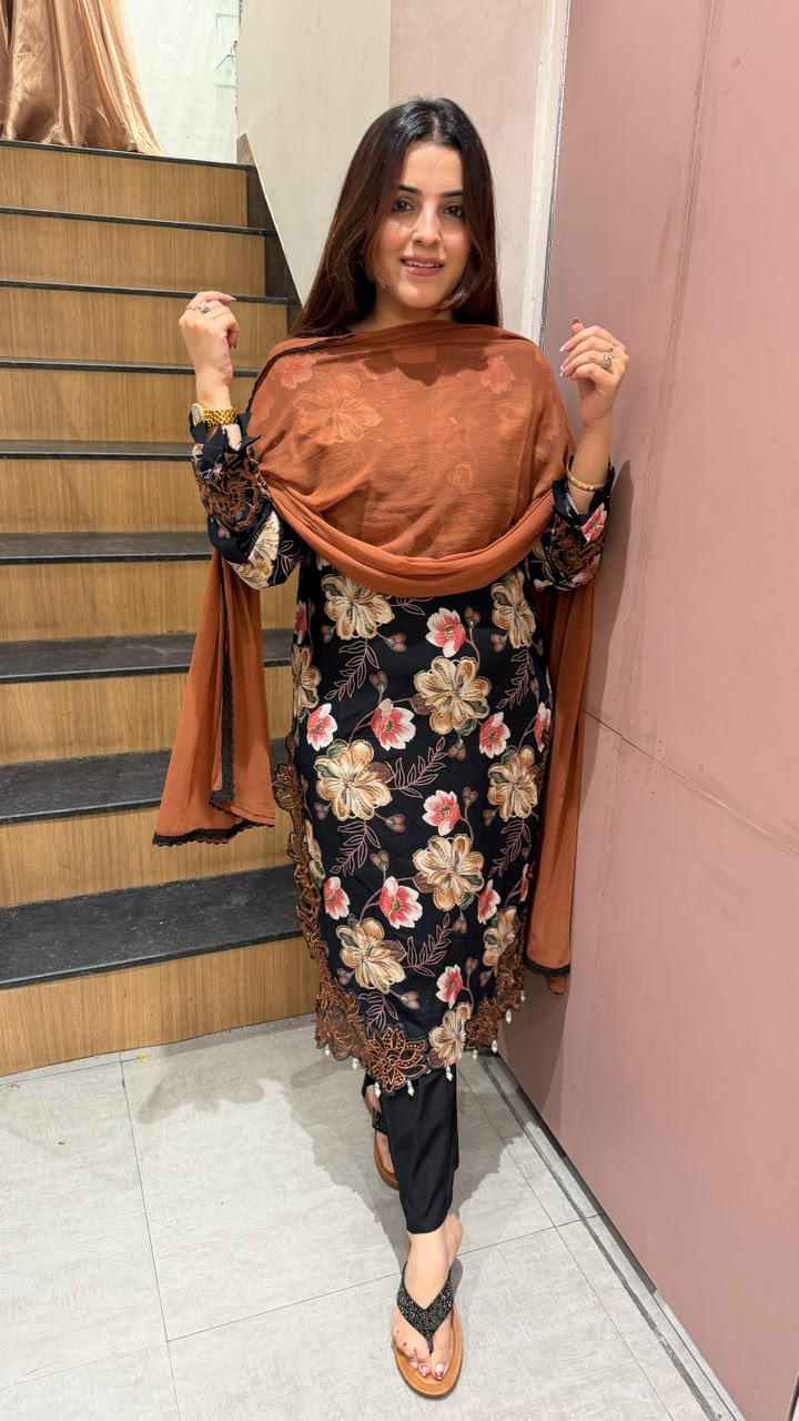 Printed kurta suit with thread lace border and matching plain dupatta