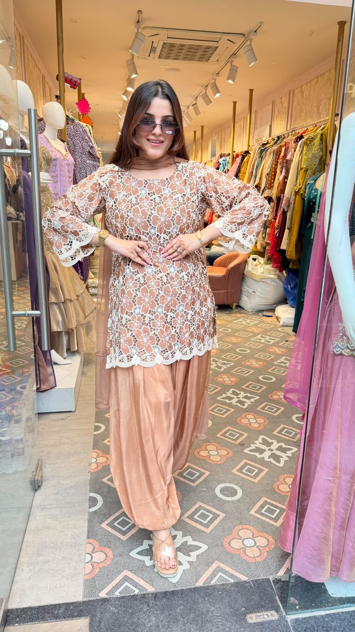 Embroidered net Short Kurti with Patiala Salwar Set