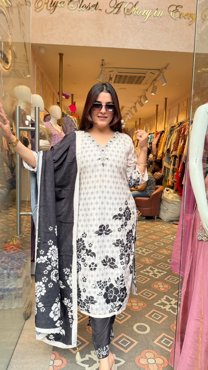 Black & White Floral Printed Three-Piece Suit Set