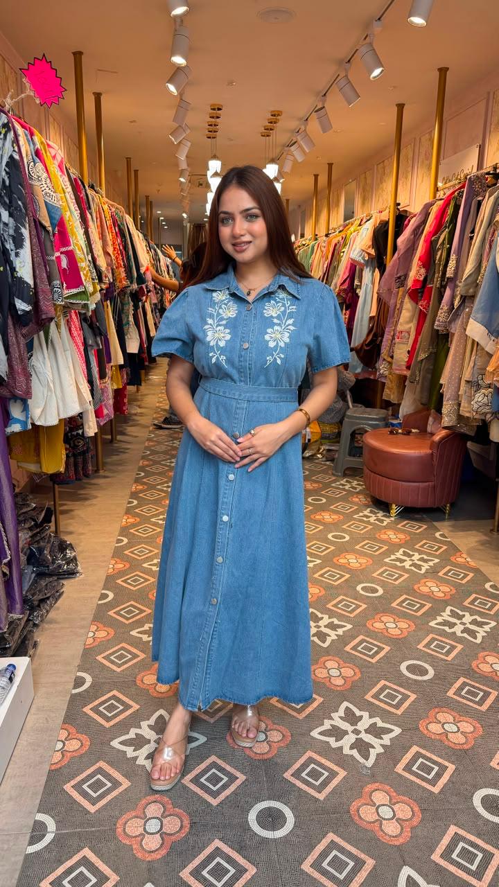 Washed Denim Floral Embroidered Shirt Dress