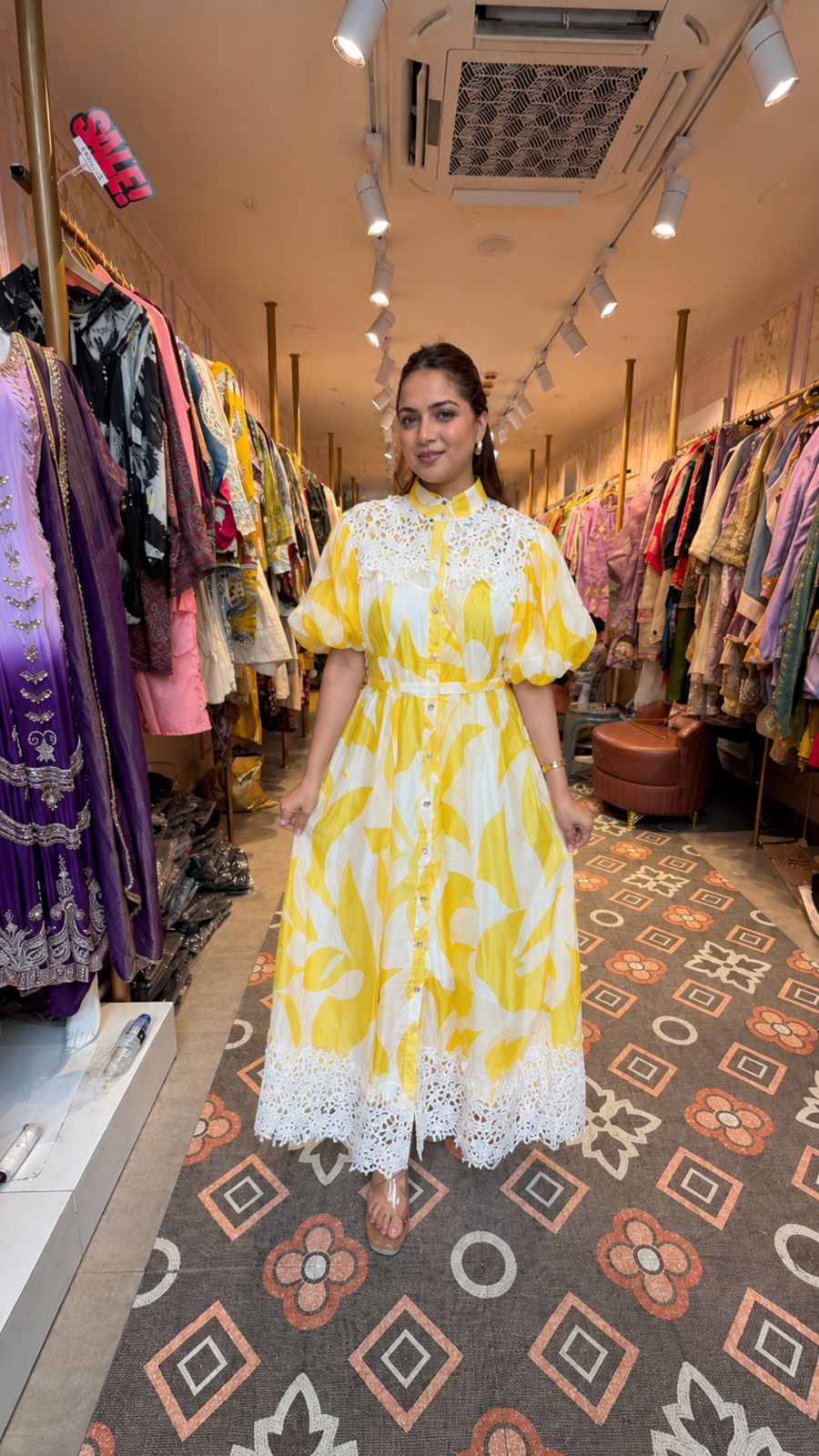 Abstract Print Lace Detail Shirt Dress