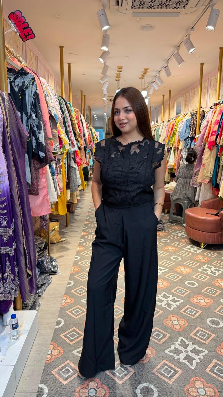 Black Floral Lace Top with Wide Leg Trouser Set