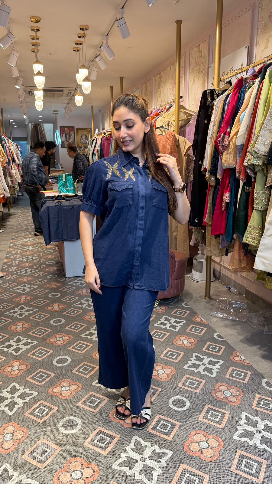 Denim Shirt & Wide-Leg Pants