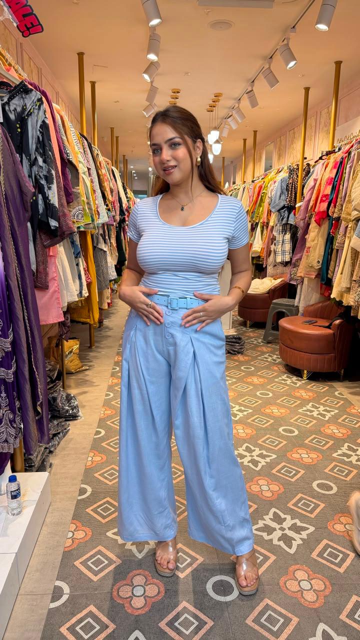 Powder Blue Striped Tee with Pleated Wide Leg Trouser Set