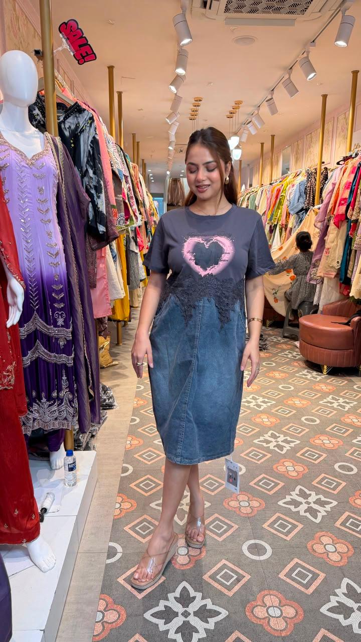 Denim Lace Detail T-Shirt Dress