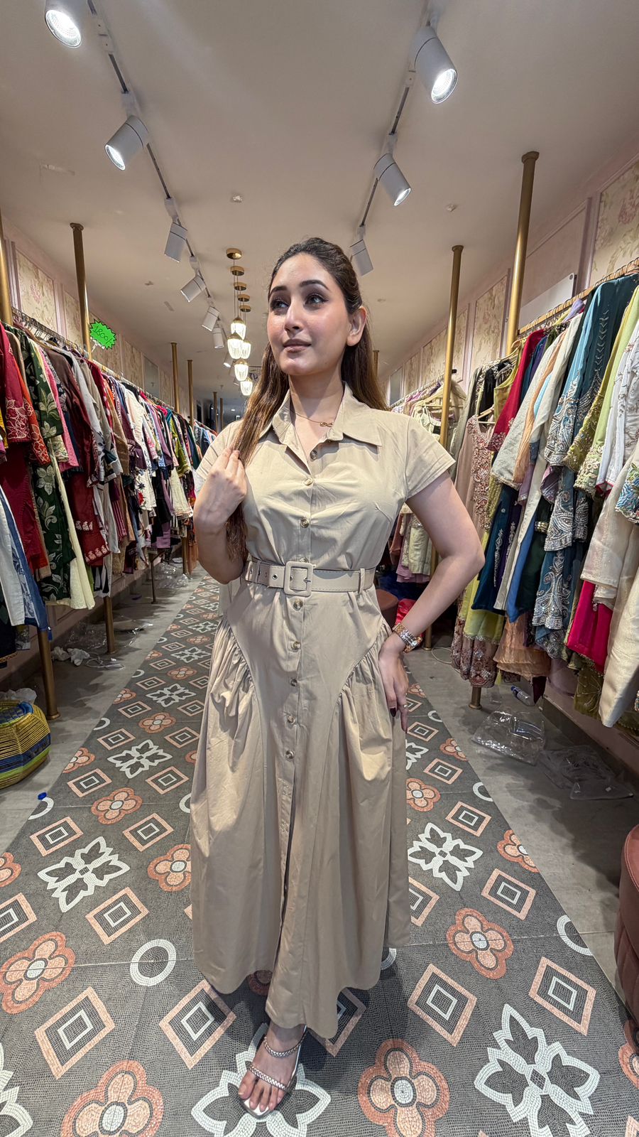 Beige Utility Shirt Maxi Dress