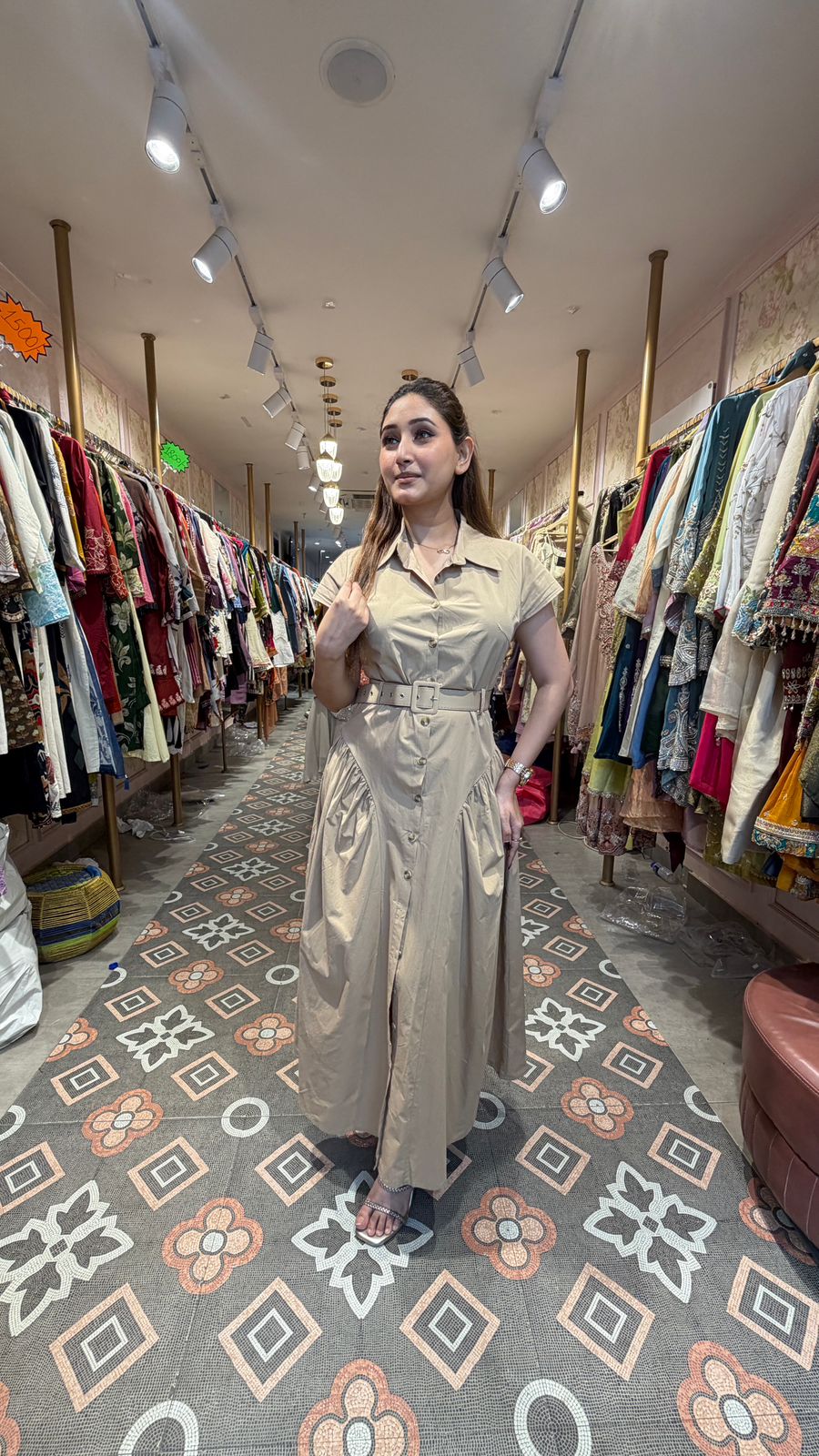 Beige Utility Shirt Maxi Dress