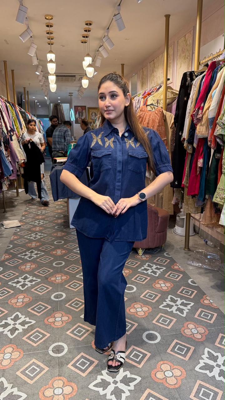Denim Shirt & Wide-Leg Pants