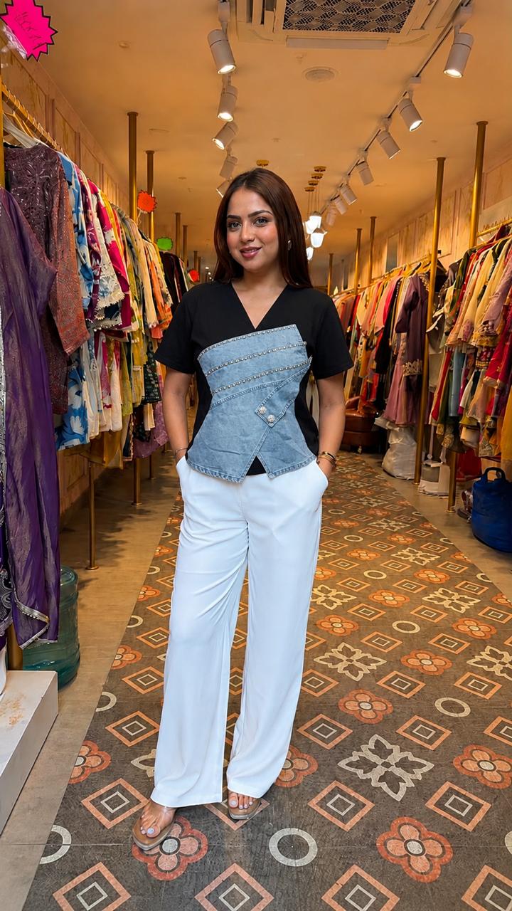 Indo-Western Denim Patchwork Top