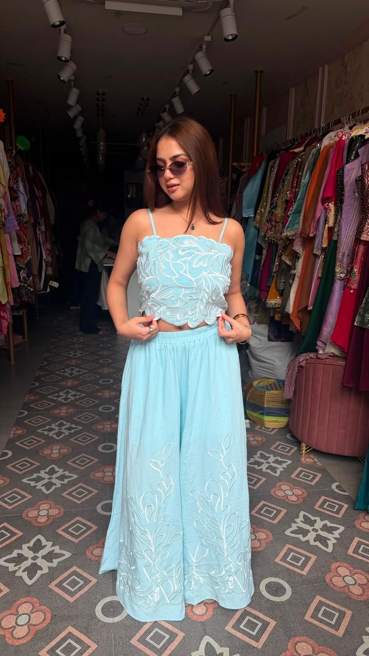 Thread Embroidered Crop Top Palazzo Co-ord Set