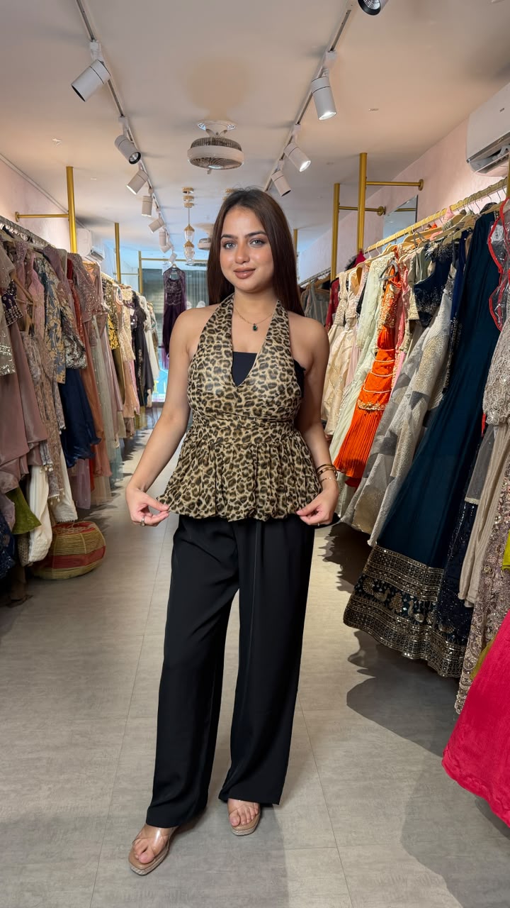 Leopard Print Halter Neck Peplum Top