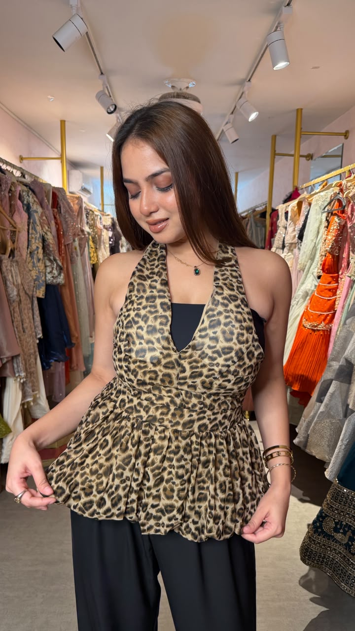 Leopard Print Halter Neck Peplum Top