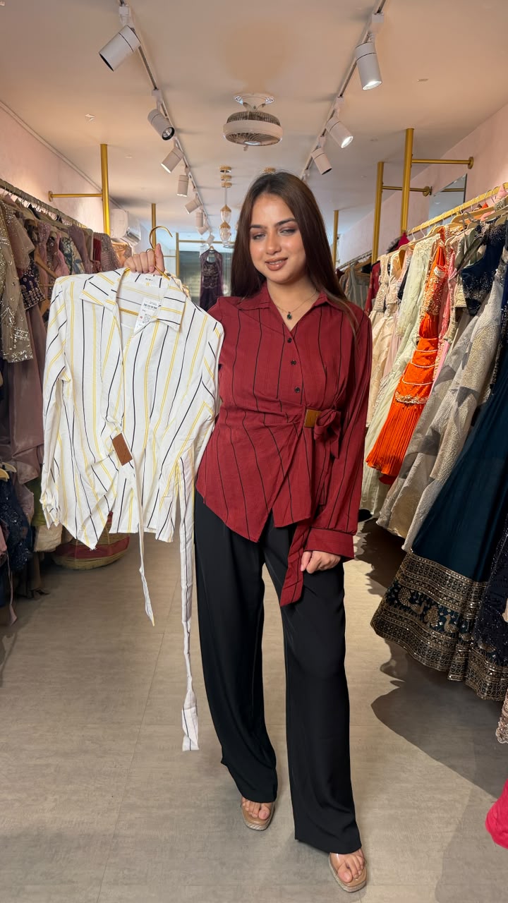 Striped Wrap Tie Waist Shirt Top