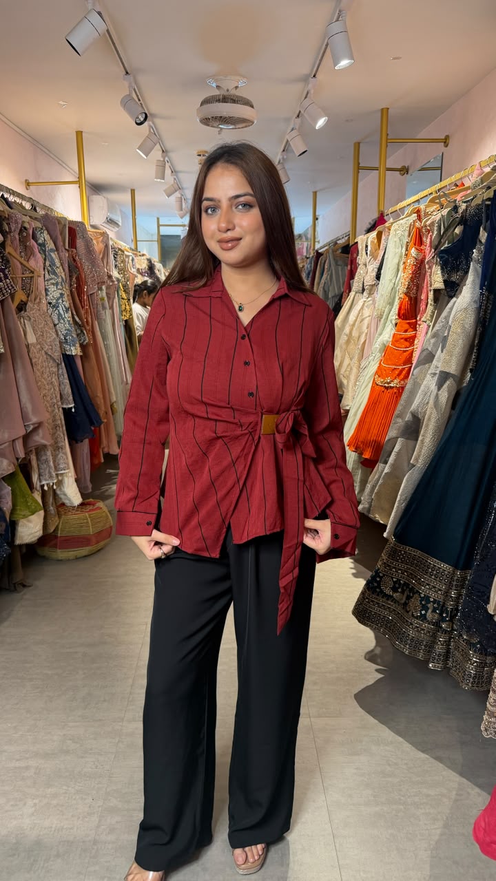 Striped Wrap Tie Waist Shirt Top