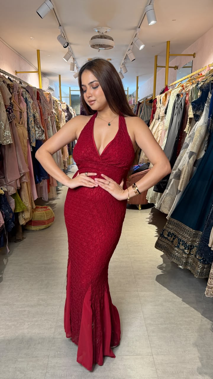 Wine Red Halter Neck Lace Mermaid Evening Gown