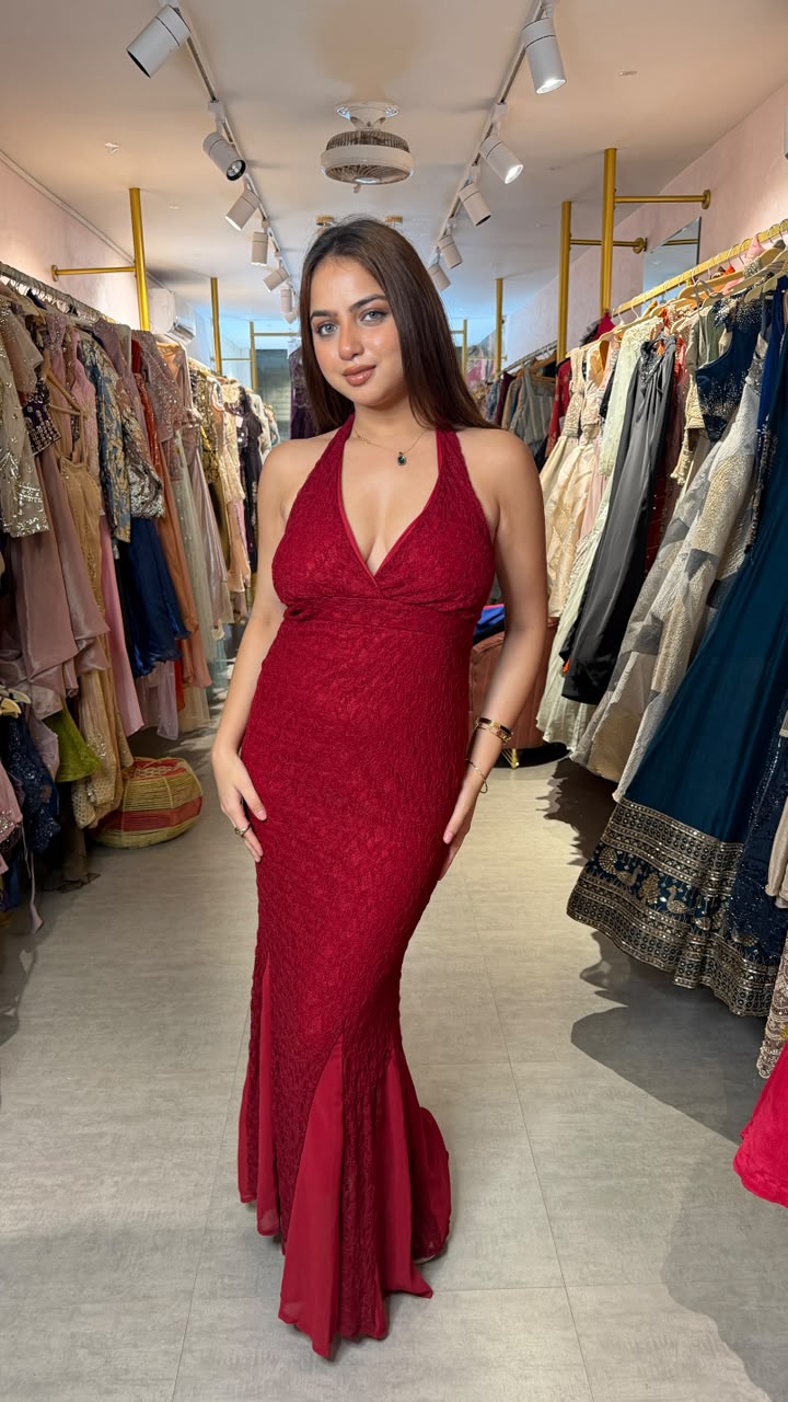 Wine Red Halter Neck Lace Mermaid Evening Gown